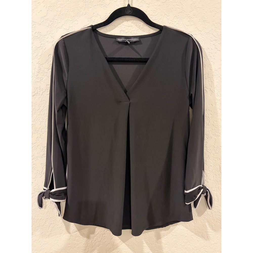 White House Black Market Black V-Neck Blouse White Piping Tie Cuff XS